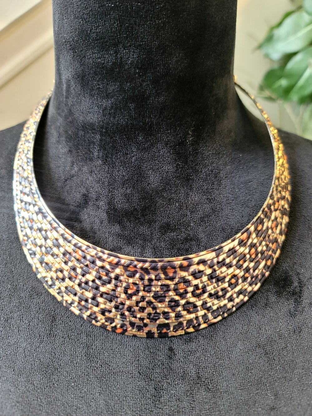 Leopard Print Gold Tone Collar Bib Statement Necklace Animal Print